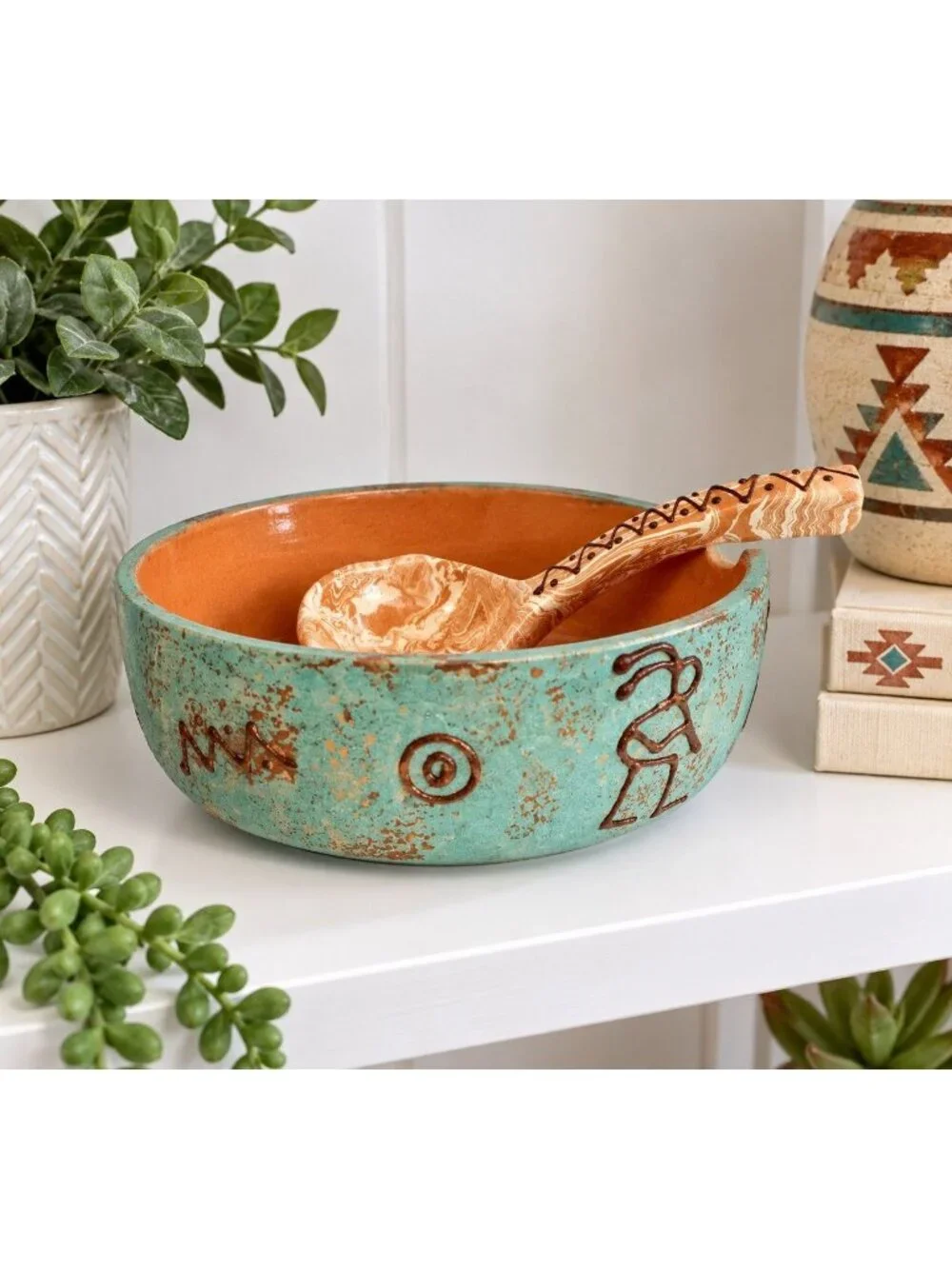 Southwestern Art Pottery Kokopelli Salsa Dip Bowl Ladle Turquoise Terracotta